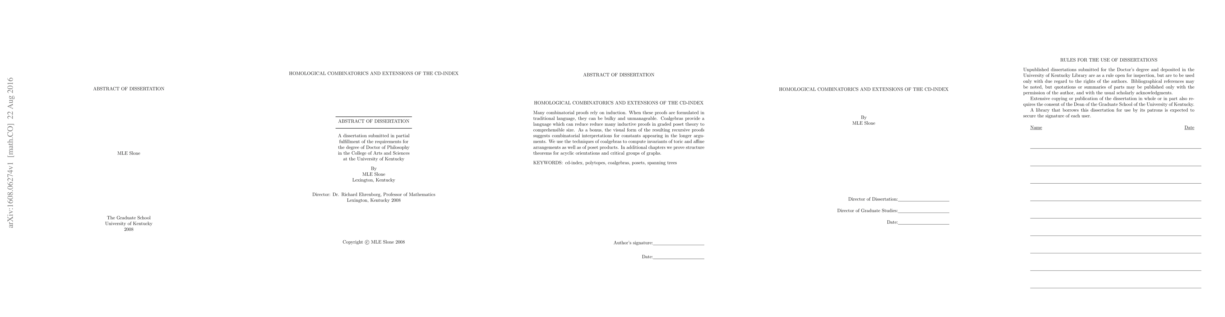 Thumbnail for Homological combinatorics and extensions of the cd-index