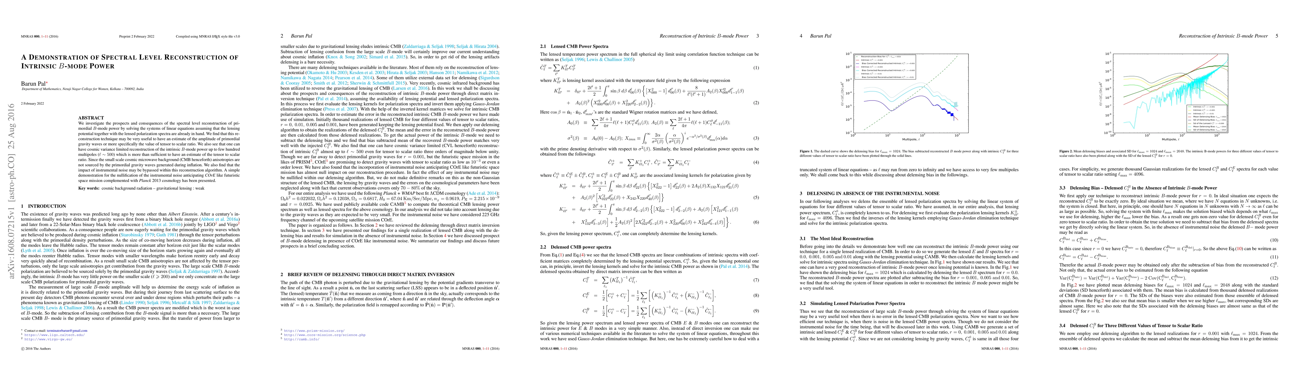 Thumbnail for A Demonstration of Spectral Level Reconstruction of Intrinsic $B$-mode
  Power