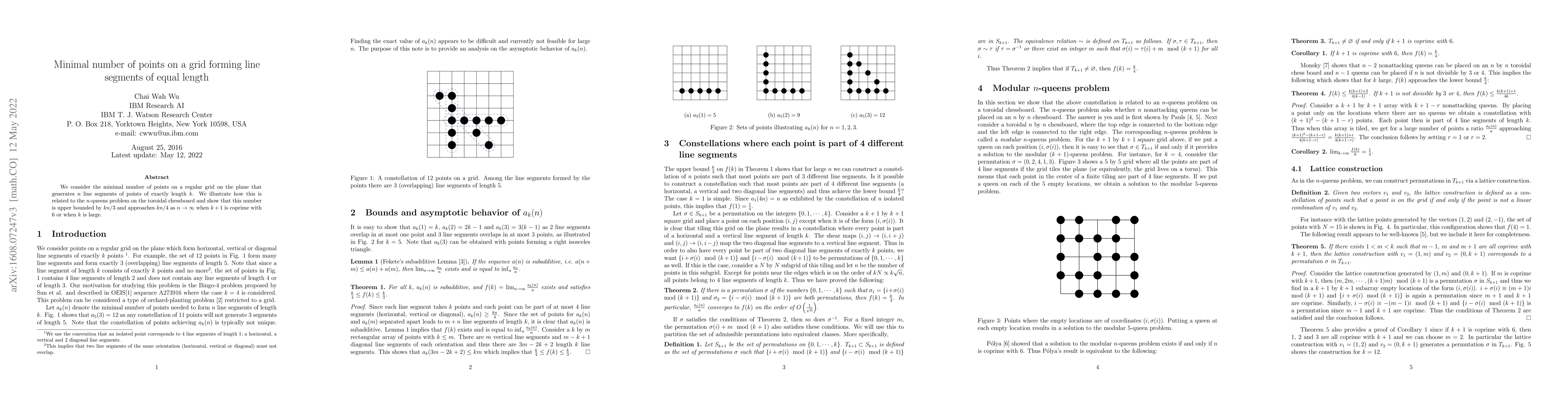 Thumbnail for Minimal number of points on a grid forming line segments of equal length