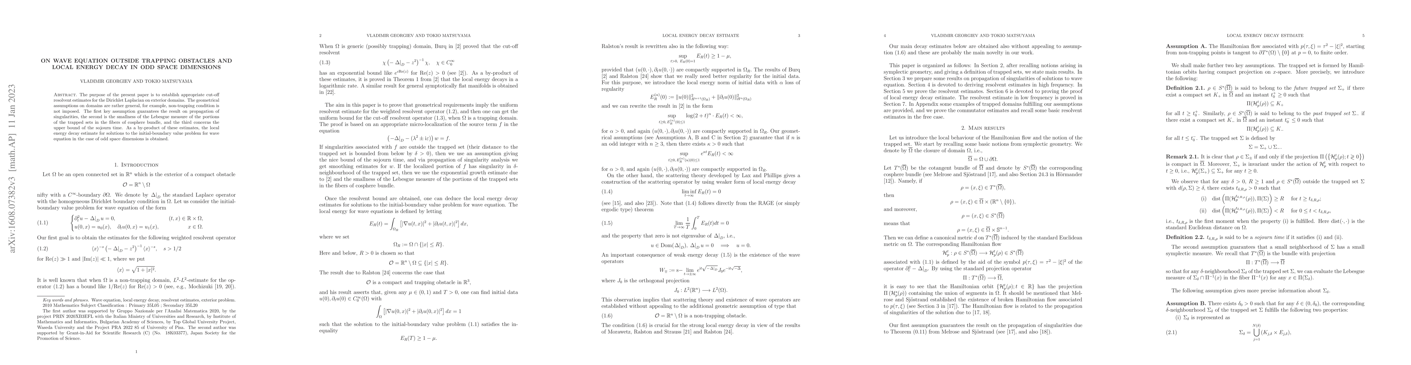 Thumbnail for On wave equation outside trapping obstacles and local energy decay in
  odd space dimensions