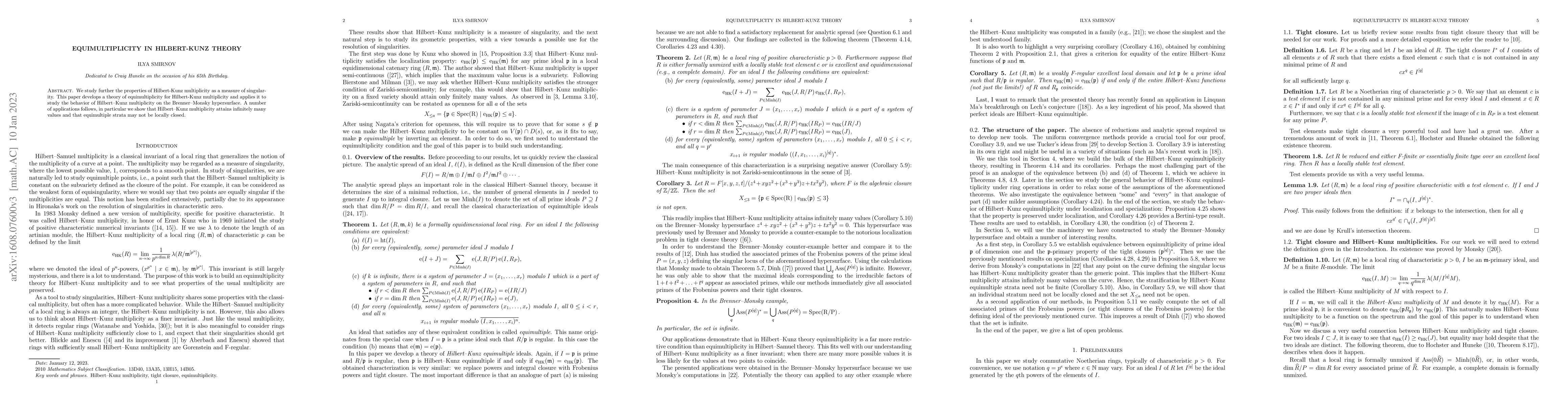 Thumbnail for Equimultiplicity in Hilbert-Kunz theory