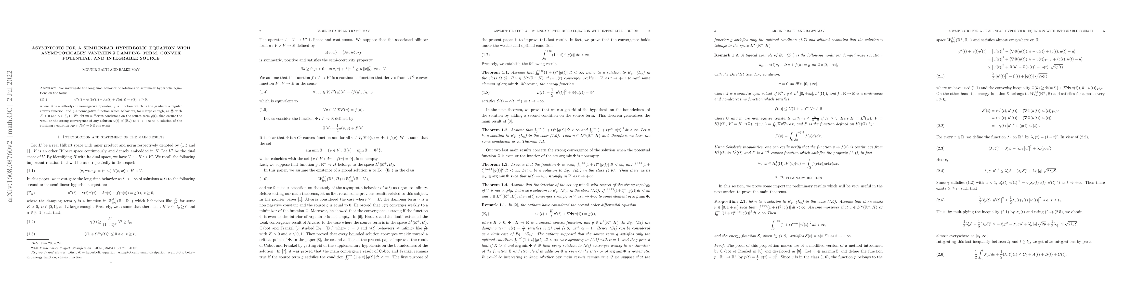 Thumbnail for Asymptotic for a semilinear hyperbolic equation with asymptotically
  vanishing damping term, convex potential, and integrable source