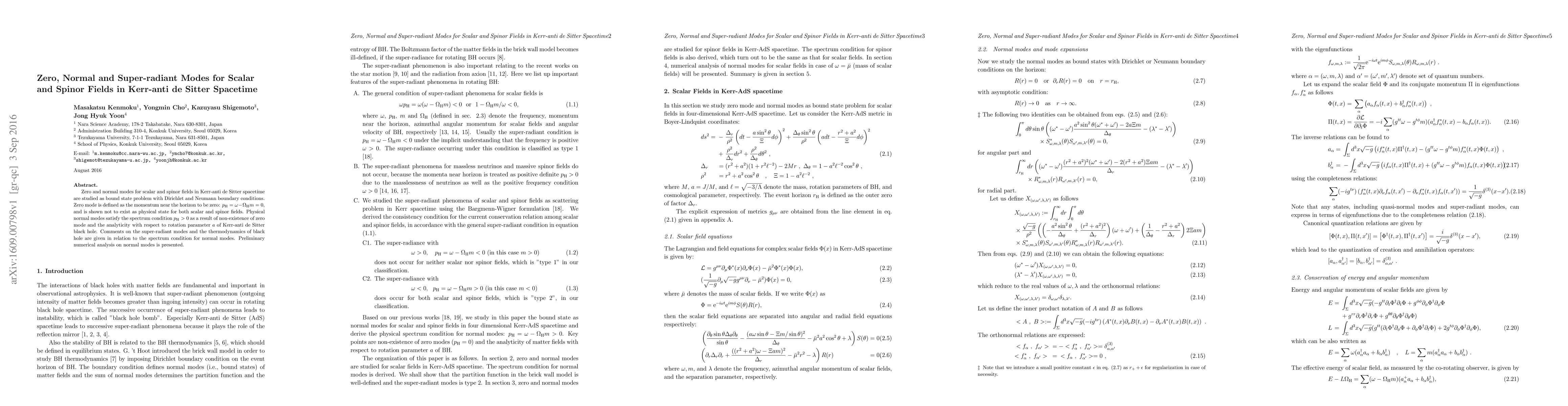 Thumbnail for Zero, Normal and Super-radiant Modes for Scalar and Spinor Fields in
  Kerr-anti de Sitter Spacetime