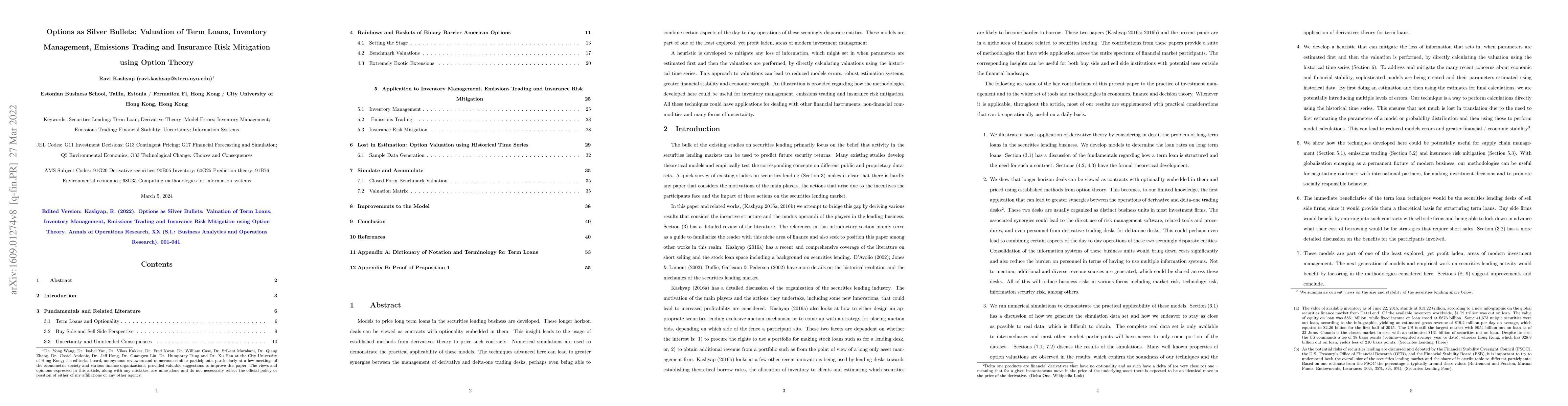 Thumbnail for Options as Silver Bullets: Valuation of Term Loans, Inventory
  Management, Emissions Trading and Insurance Risk Mitigation using Option
  Theory