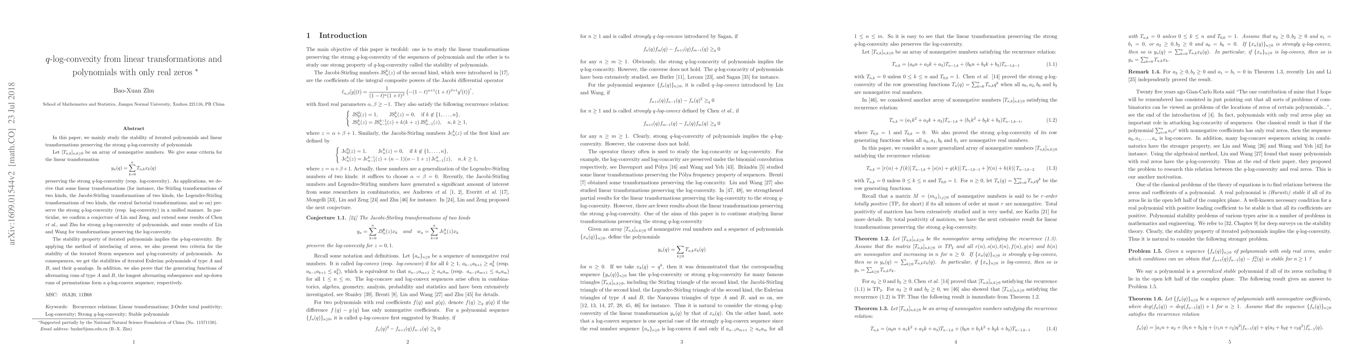 Thumbnail for $q$-log-convexity from linear transformations and polynomials with only
  real zeros