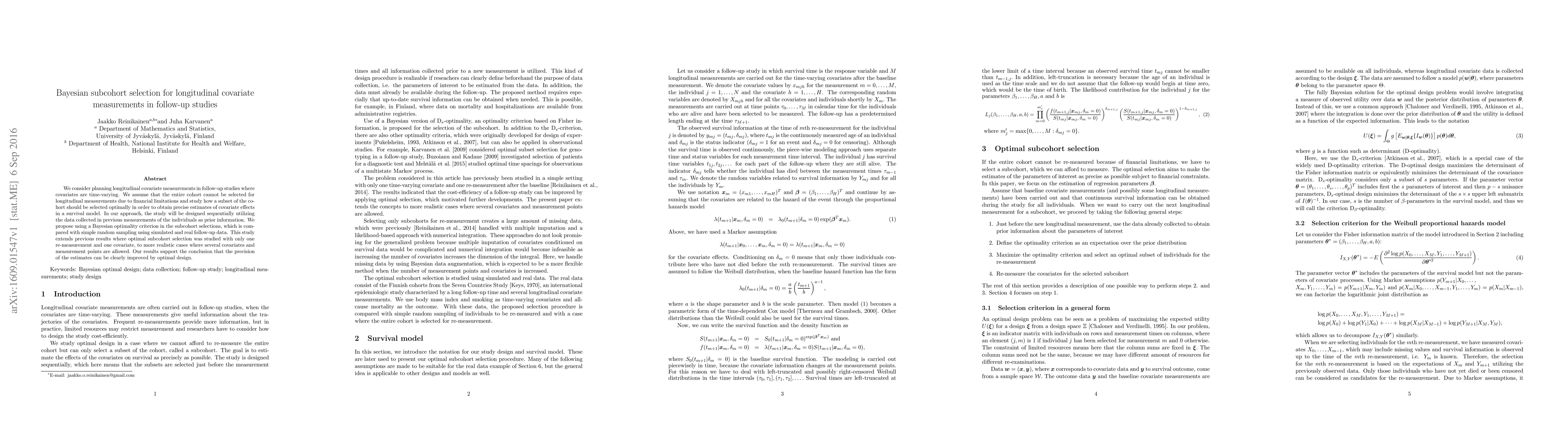 Thumbnail for Bayesian subcohort selection for longitudinal covariate measurements in
  follow-up studies