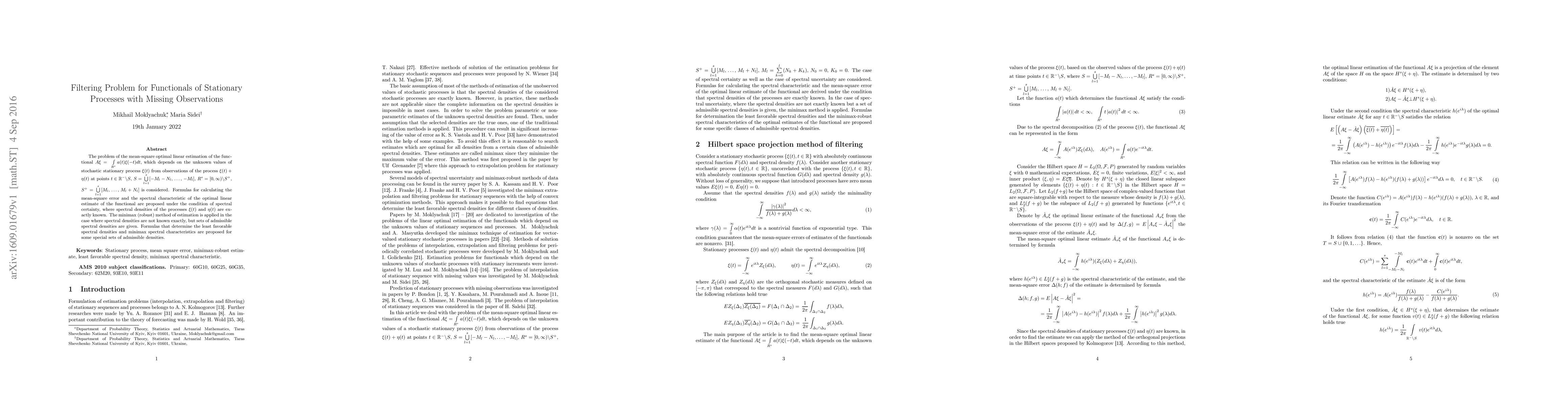Thumbnail for Filtering Problem for Functionals of Stationary Processes with Missing
  Observations