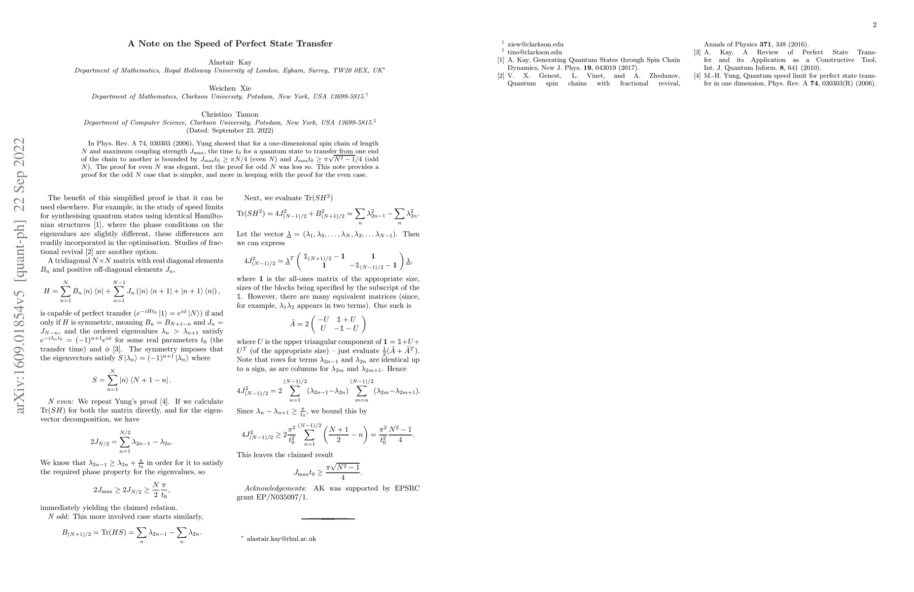 Thumbnail for A Note on the Speed of Perfect State Transfer