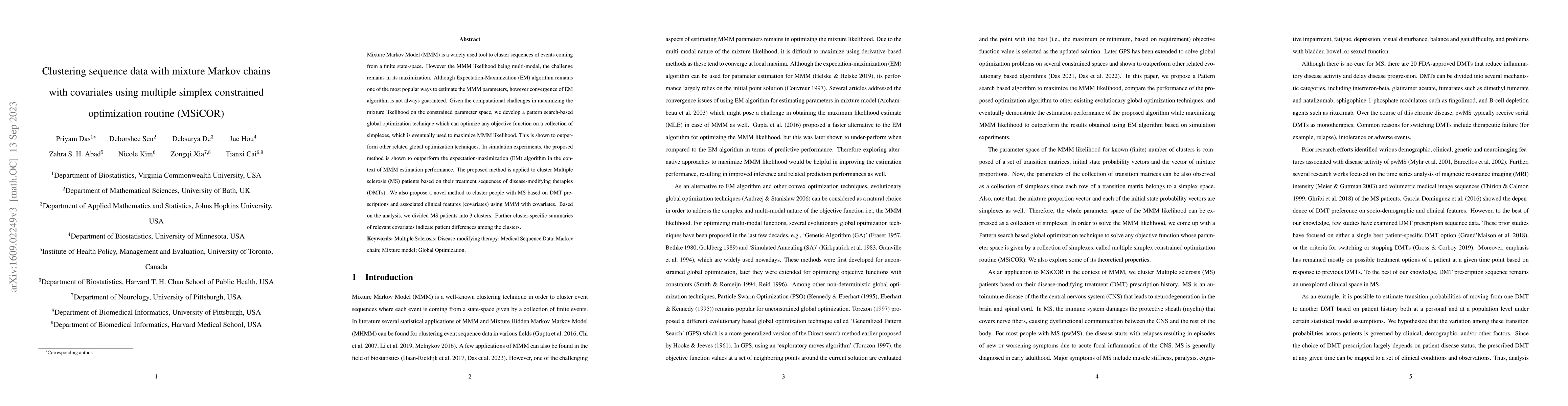 Thumbnail for Clustering sequence data with mixture Markov chains with covariates
  using multiple simplex constrained optimization routine (MSiCOR)