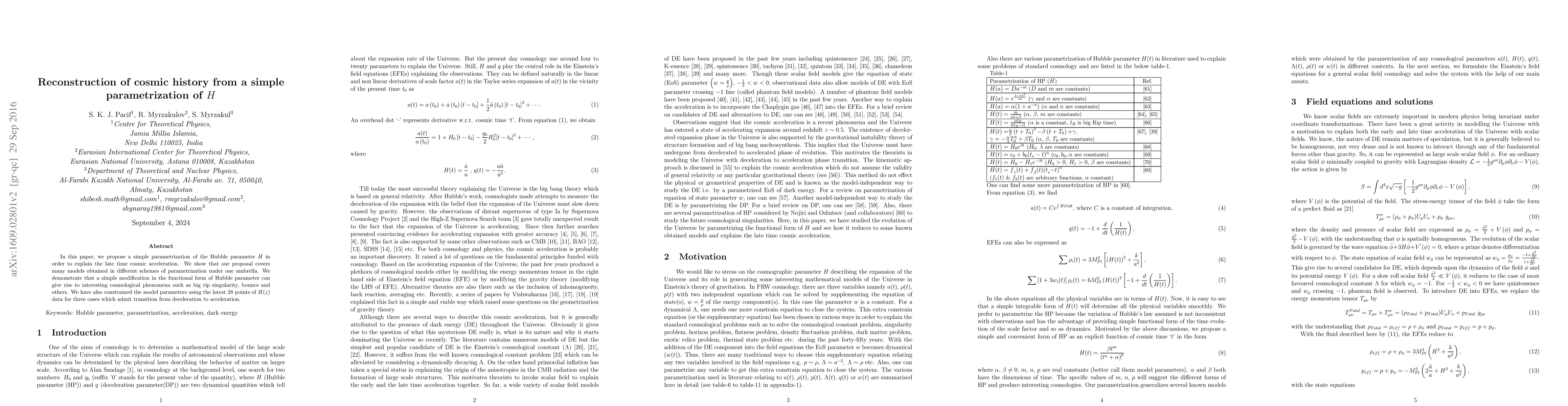 Thumbnail for Reconstruction of cosmic history from a simple parametrization of H