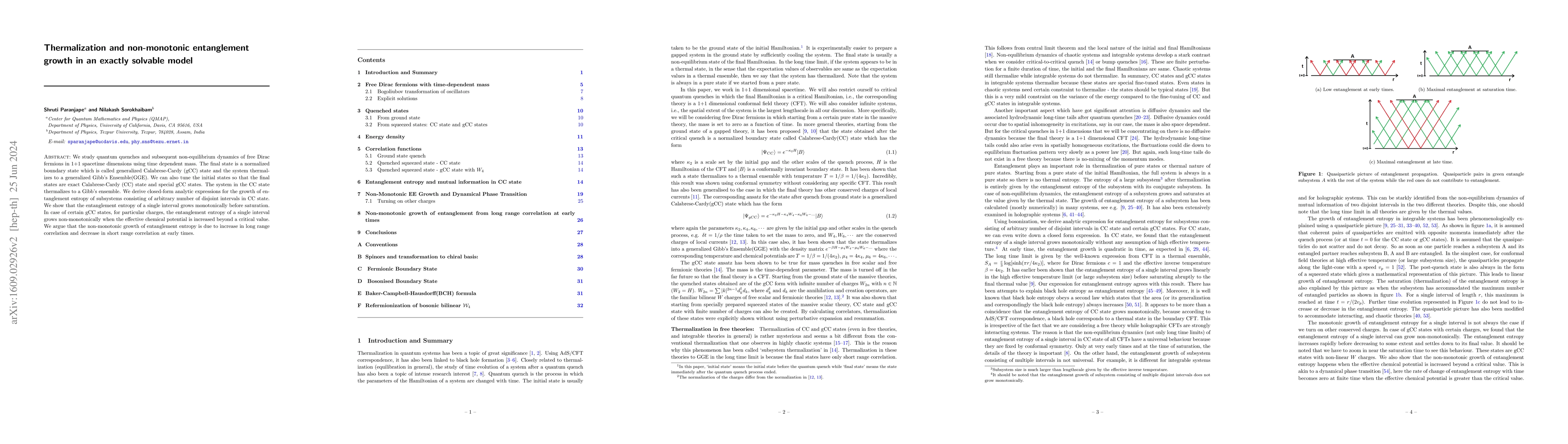 Thumbnail for Thermalization and non-monotonic entanglement growth in an exactly
  solvable model
