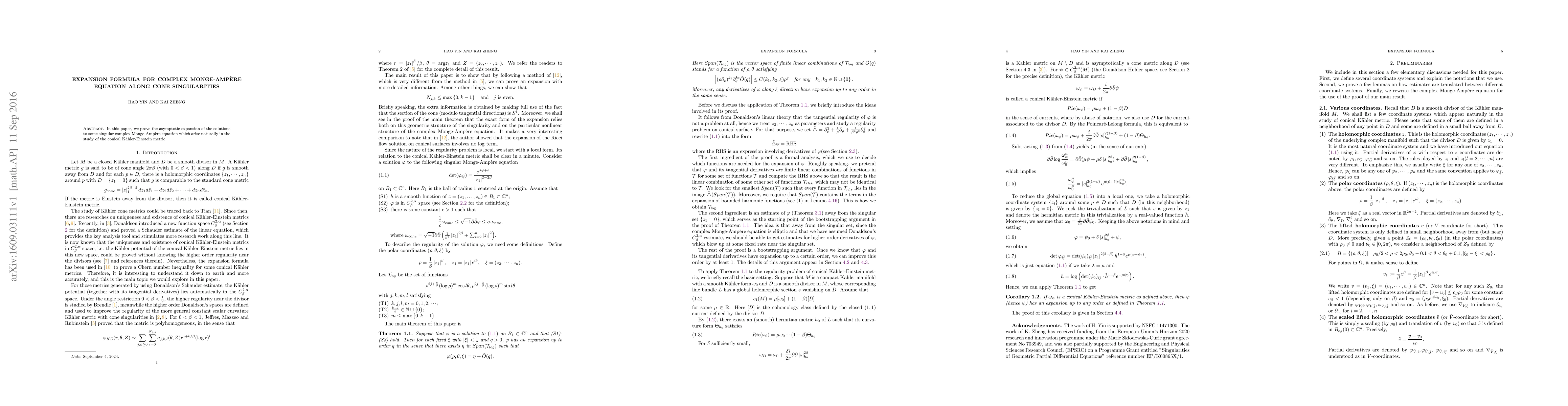 Thumbnail for Expansion formula for complex Monge-Amp\`ere equation along cone
  singularities