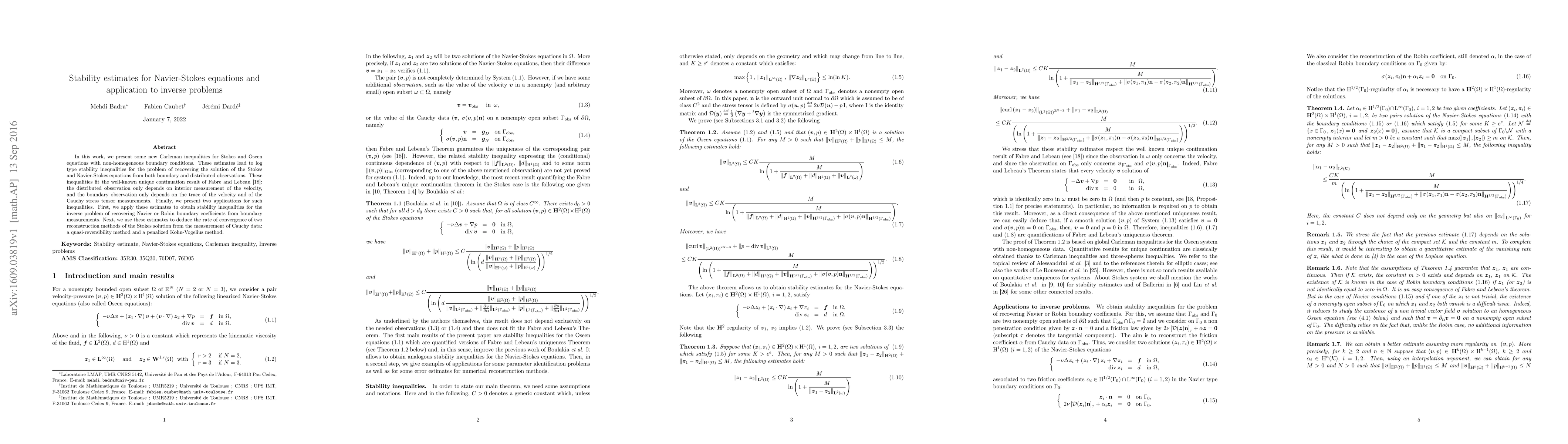 Thumbnail for Stability estimates for Navier-Stokes equations and application to
  inverse problems
