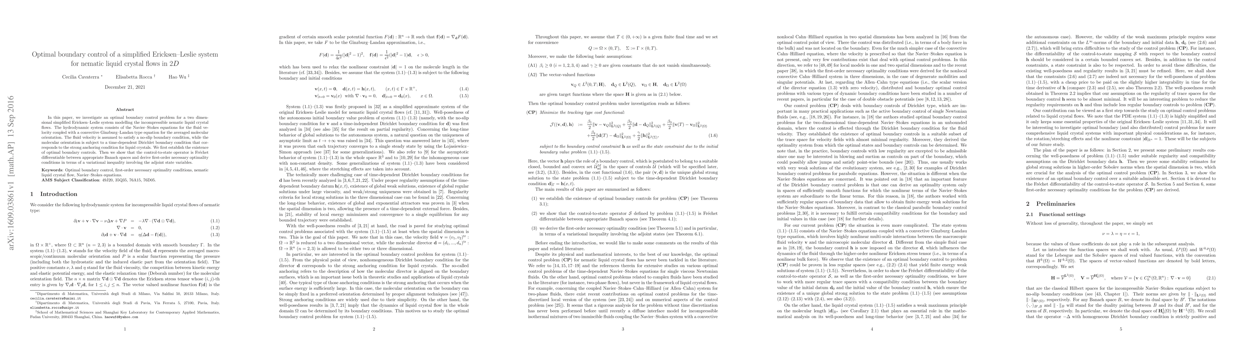 Thumbnail for Optimal boundary control of a simplified Ericksen--Leslie system for
  nematic liquid crystal flows in $2D$