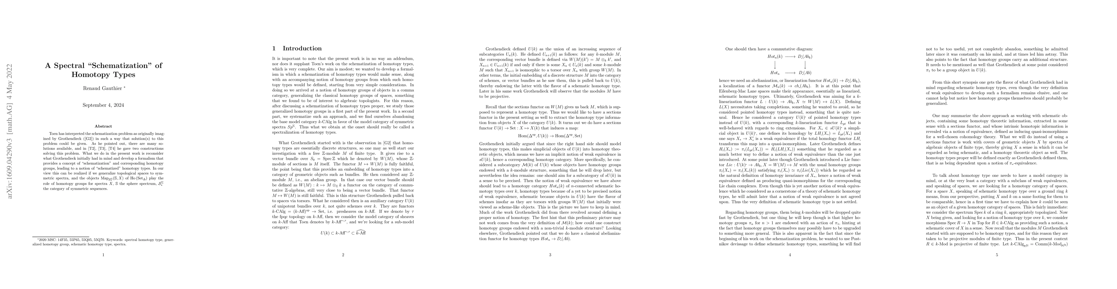 Thumbnail for A Spectral "schematization" of Homotopy Types