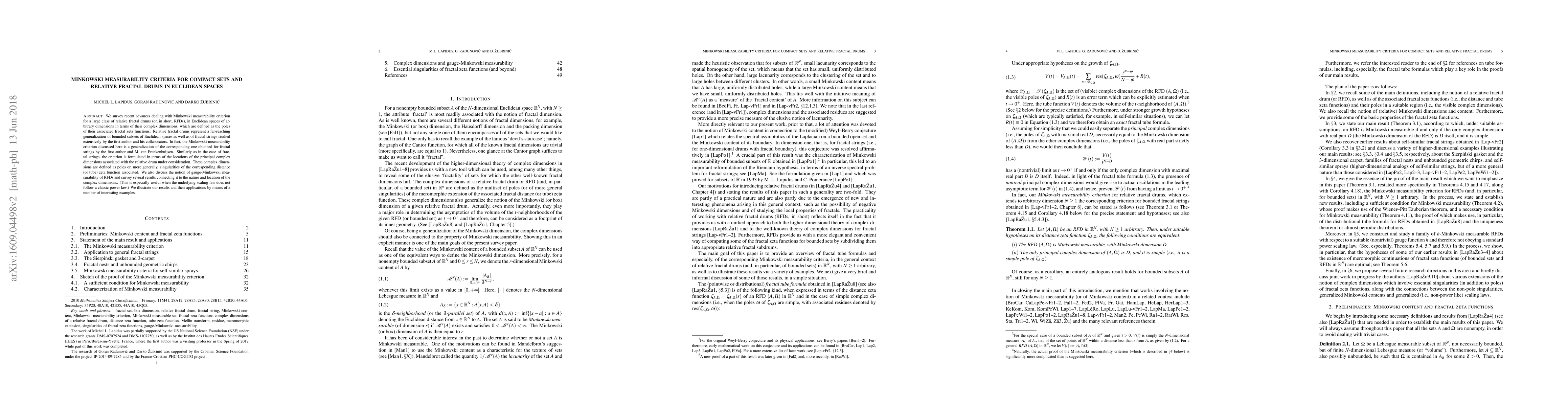 Thumbnail for Minkowski measurability criteria for compact sets and relative fractal
  drums in Euclidean spaces