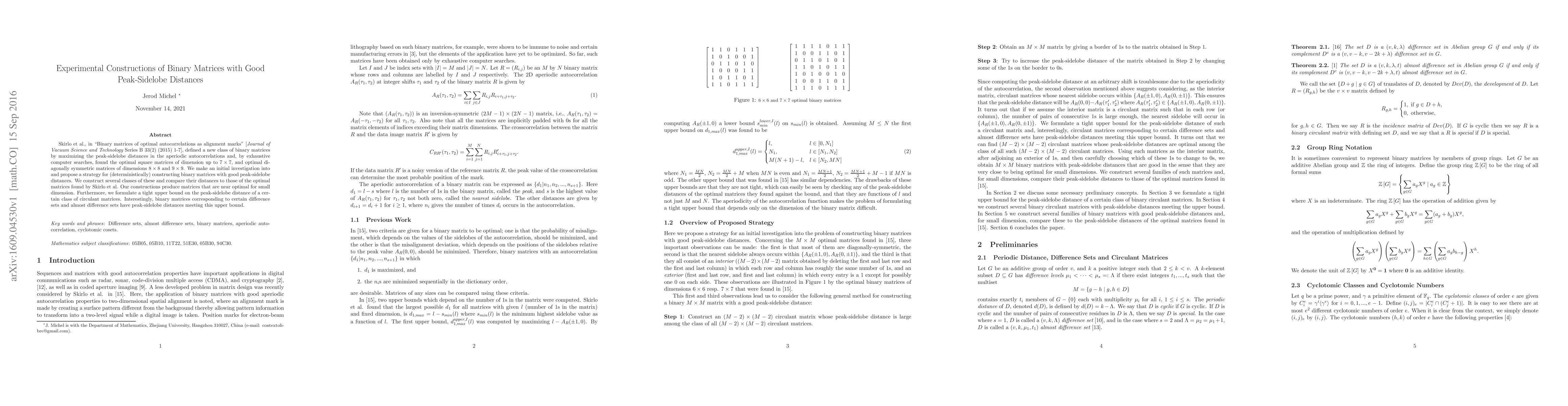 Thumbnail for Experimental Constructions of Binary Matrices with Good Peak-Sidelobe
  Distances