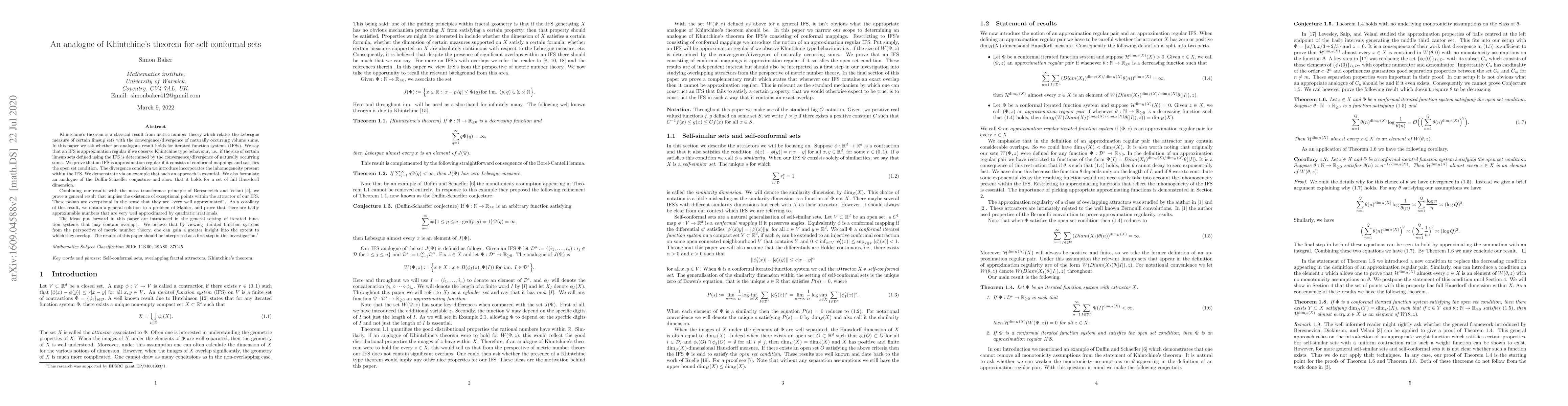 Thumbnail for An analogue of Khintchine's theorem for self-conformal sets