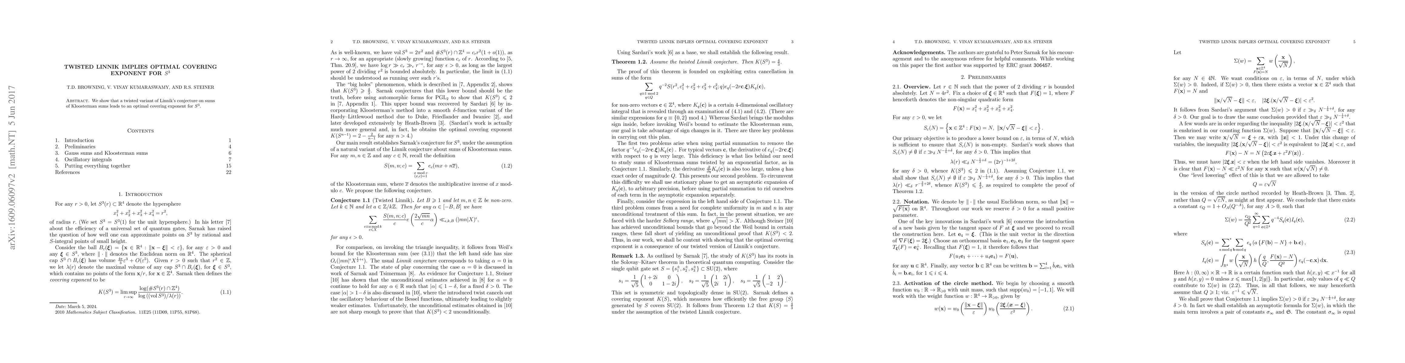 Thumbnail for Twisted Linnik implies optimal covering exponent for $S^3$