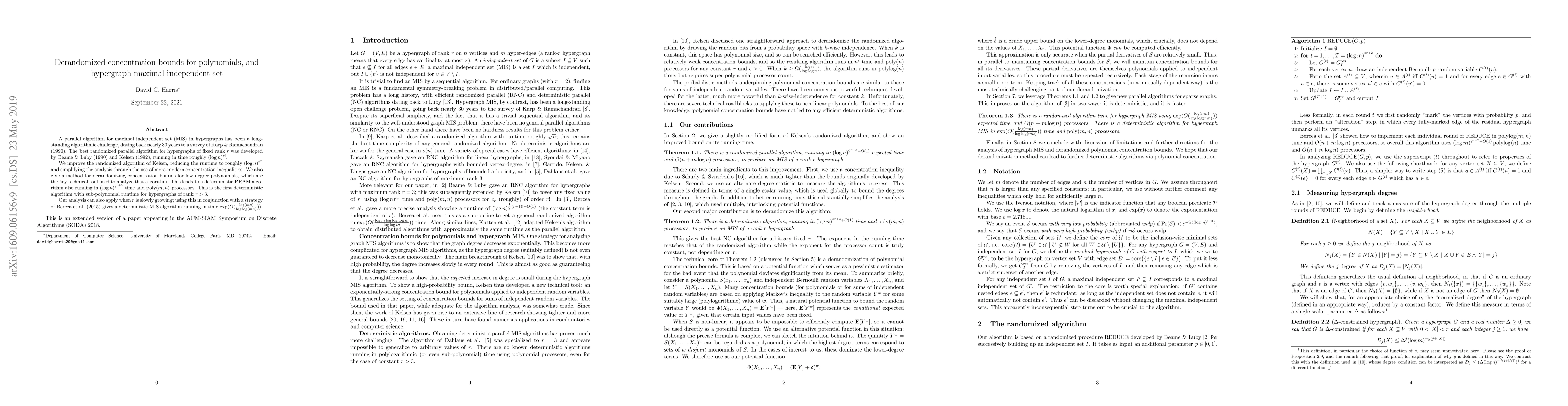 Thumbnail for Derandomized concentration bounds for polynomials, and hypergraph
  maximal independent set