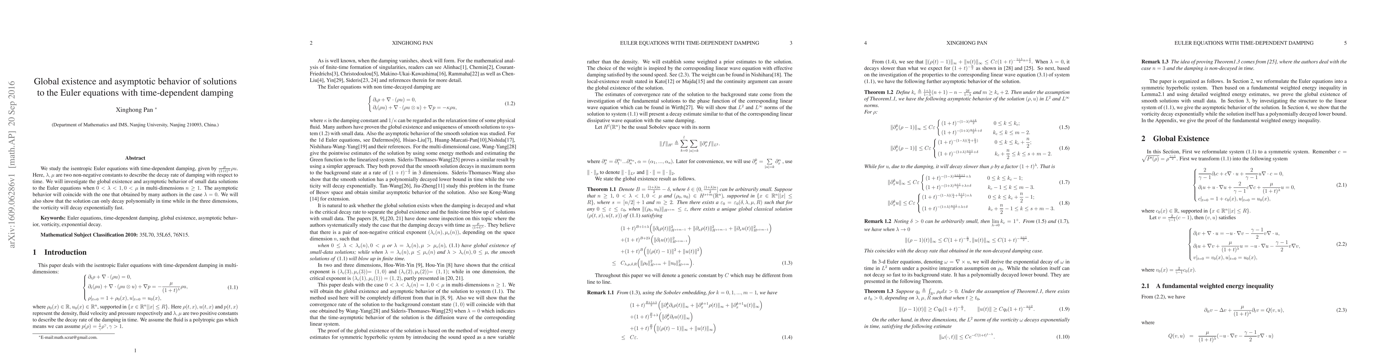 Thumbnail for Global existence and asymptotic behavior of solutions to the Euler
  equations with time-dependent damping