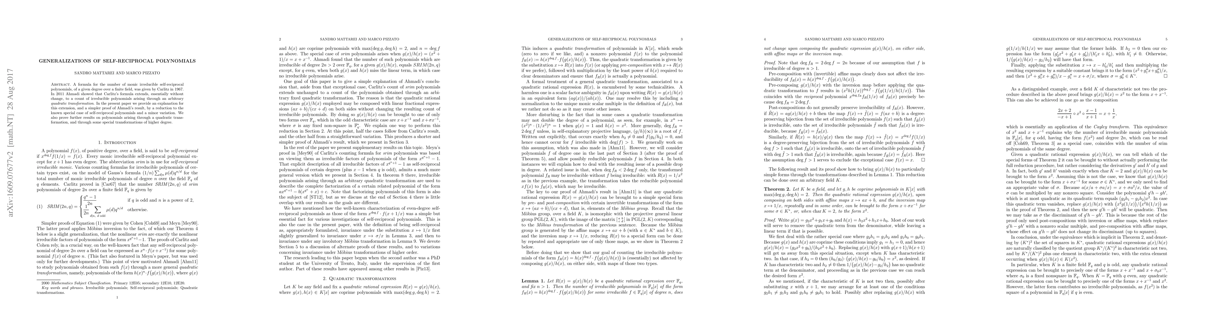 Thumbnail for Generalizations of self-reciprocal polynomials