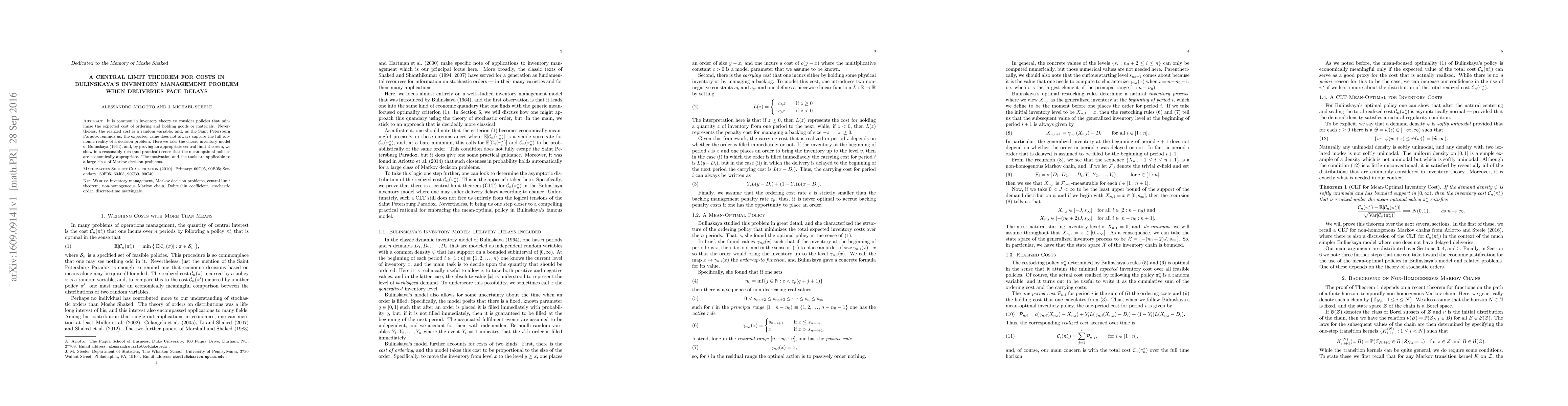 Thumbnail for A central limit theorem for costs in Bulinskaya's inventory management
  problem when deliveries face delays