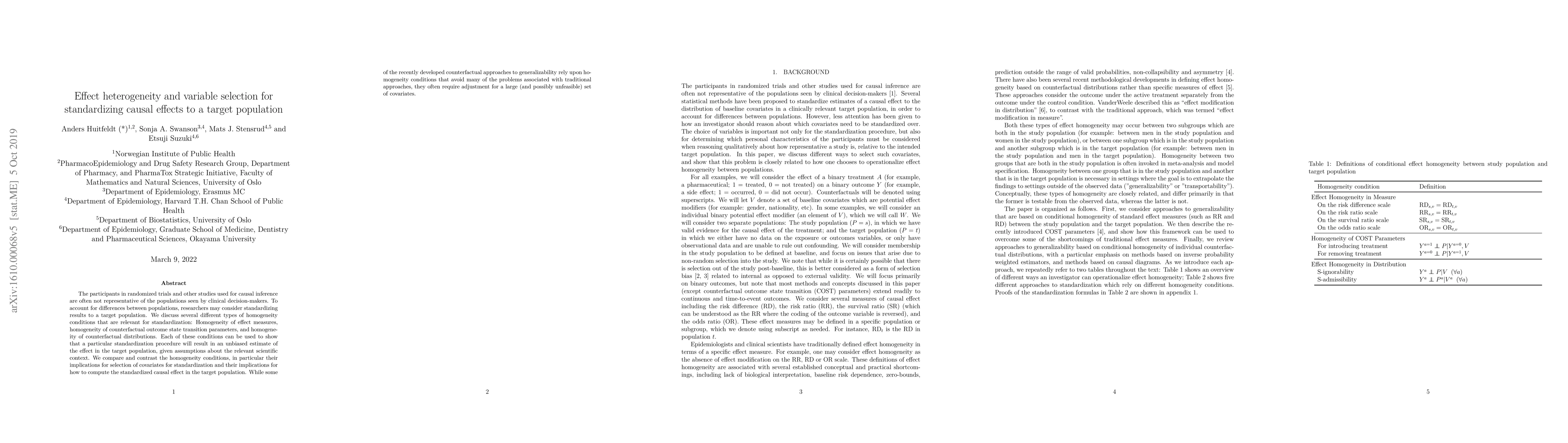Thumbnail for Effect heterogeneity and variable selection for standardizing causal
  effects to a target population