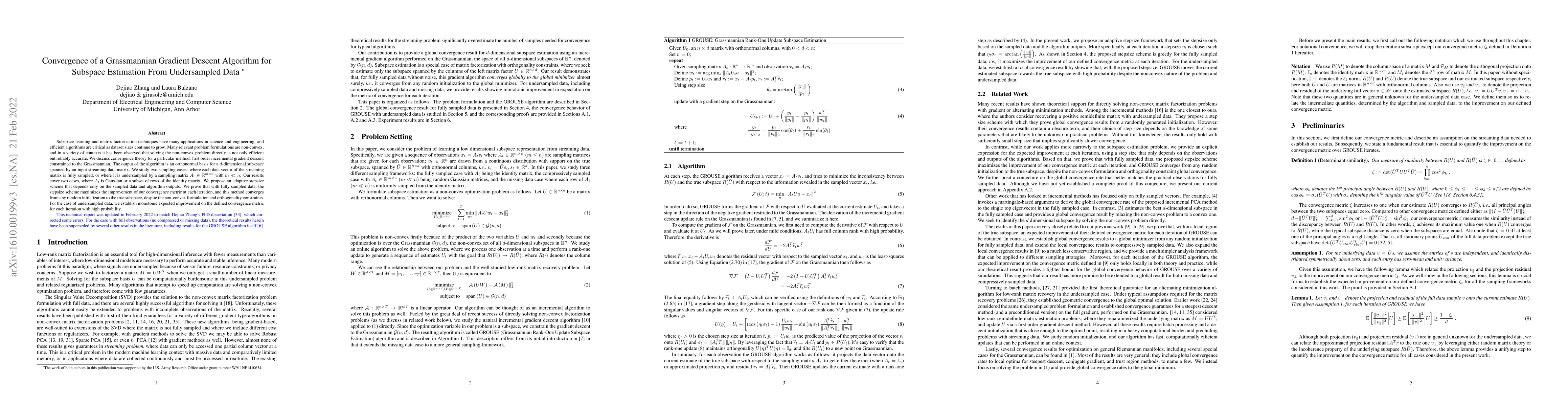 Thumbnail for Convergence of a Grassmannian Gradient Descent Algorithm for Subspace
  Estimation From Undersampled Data