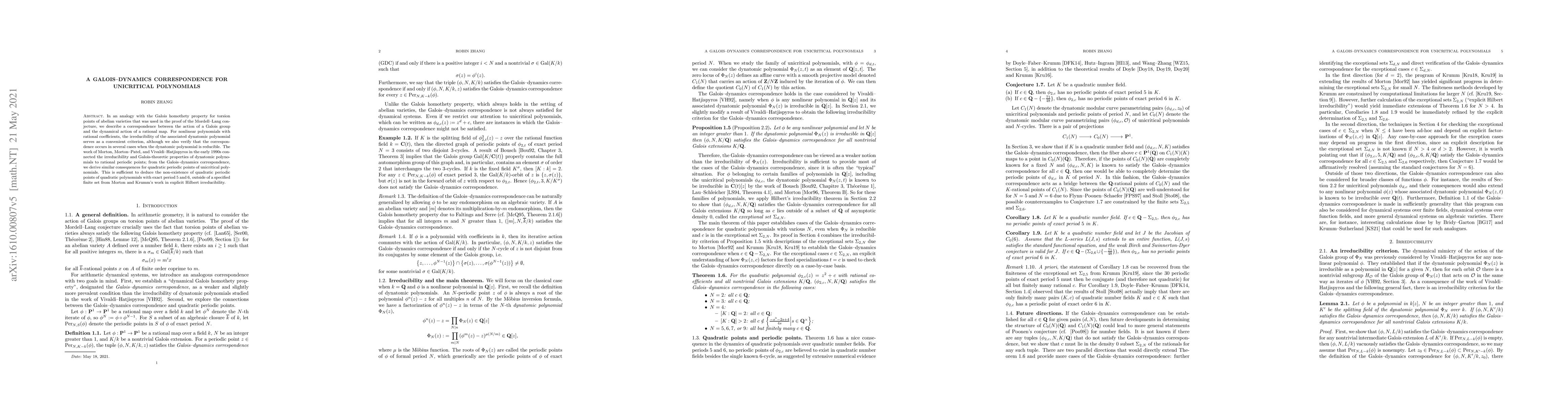 Thumbnail for A Galois-dynamics correspondence for unicritical polynomials