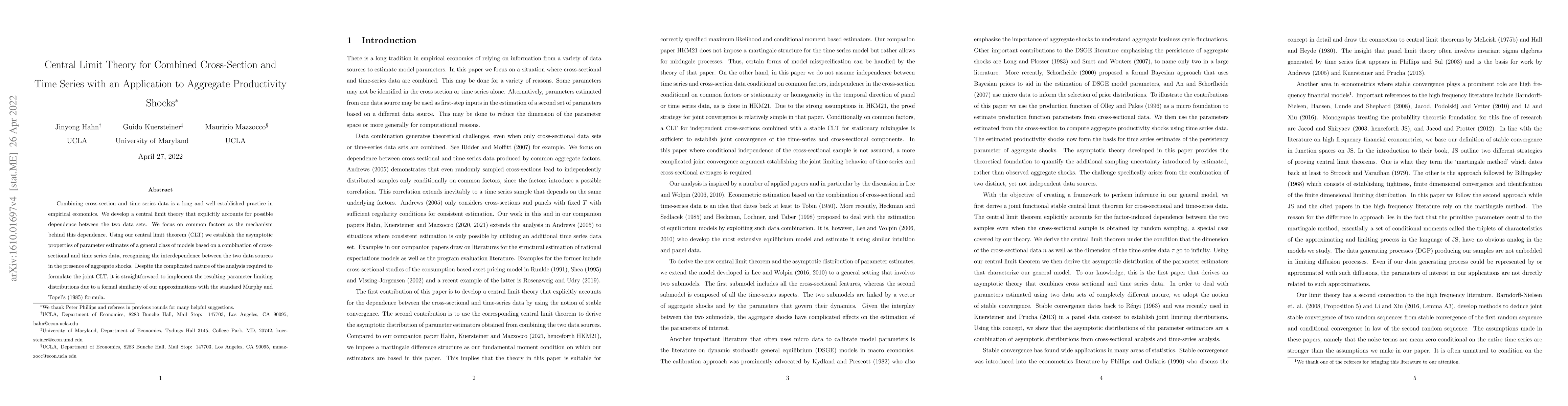 Thumbnail for Central Limit Theory for Combined Cross-Section and Time Series with an
  Application to Aggregate Productivity Shocks