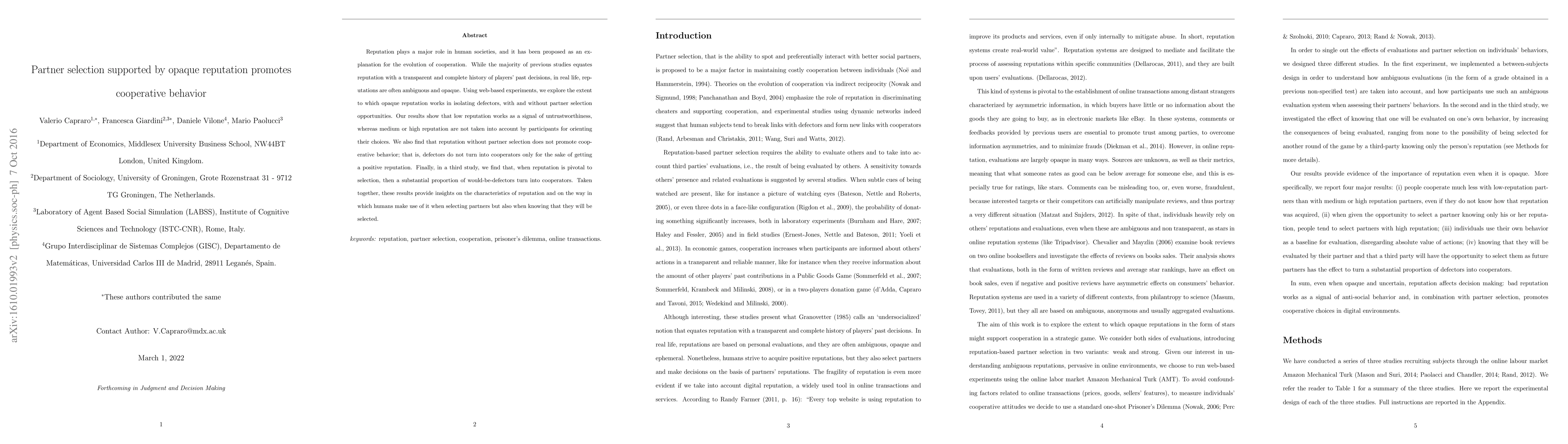 Thumbnail for Partner selection supported by opaque reputation promotes cooperative
  behavior