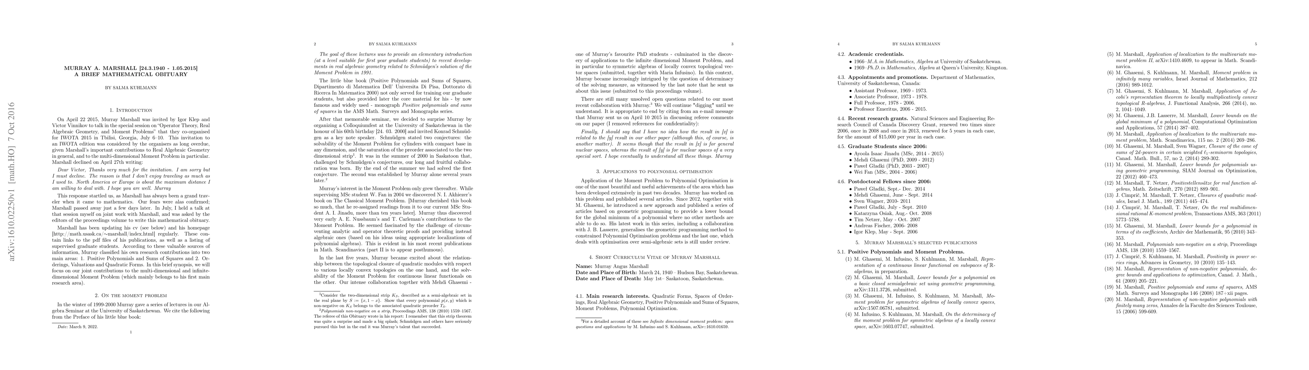 Thumbnail for Murray A. Marshall [24.3.1940 - 1.05.2015]: A brief mathematical
  obituary