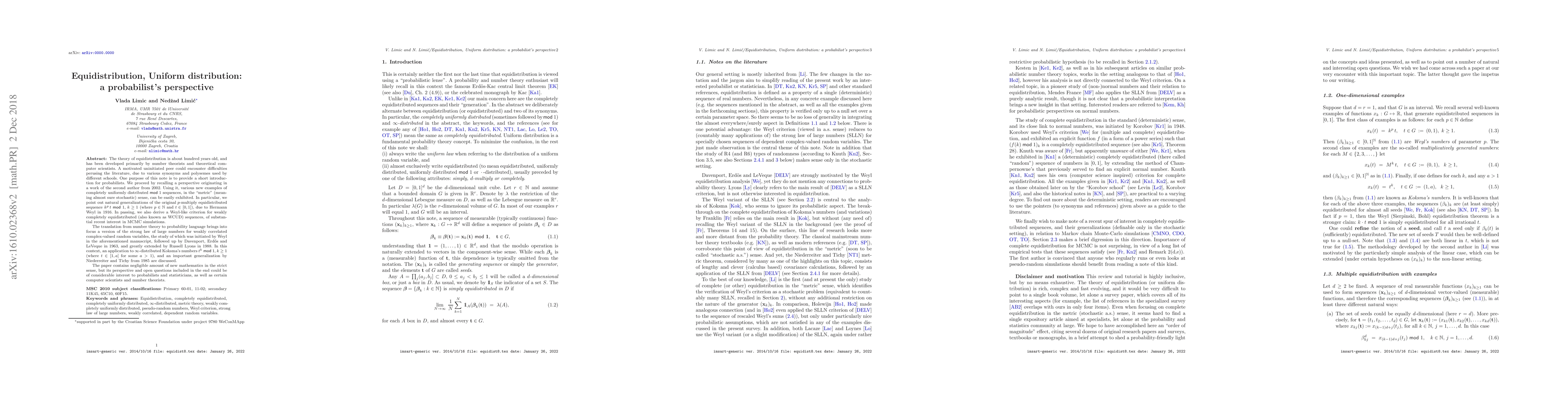 Thumbnail for Equidistribution, Uniform distribution: a probabilist's perspective