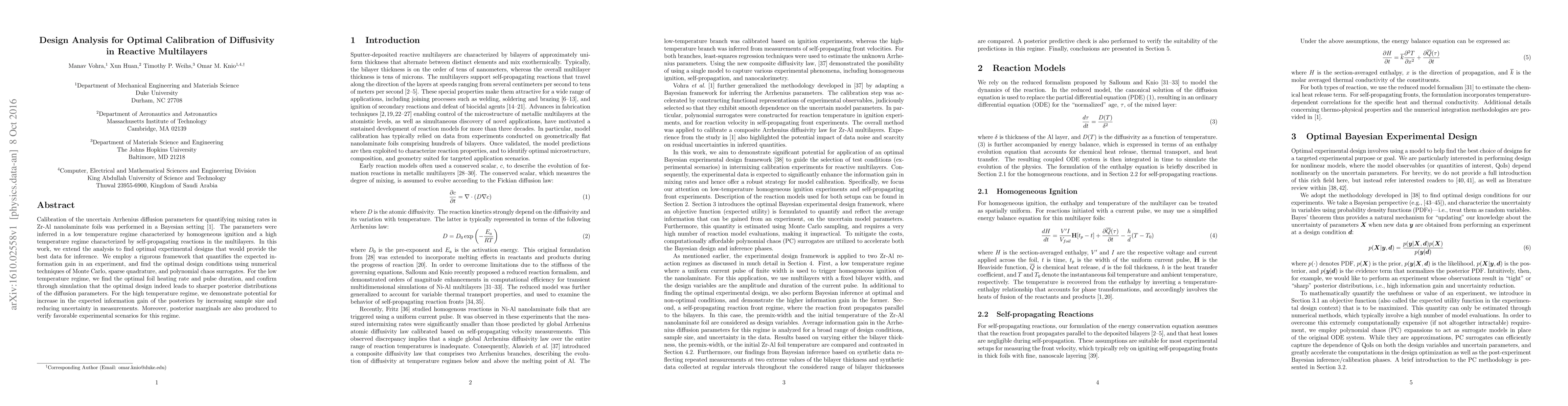 Thumbnail for Design Analysis for Optimal Calibration of Diffusivity in Reactive
  Multilayers