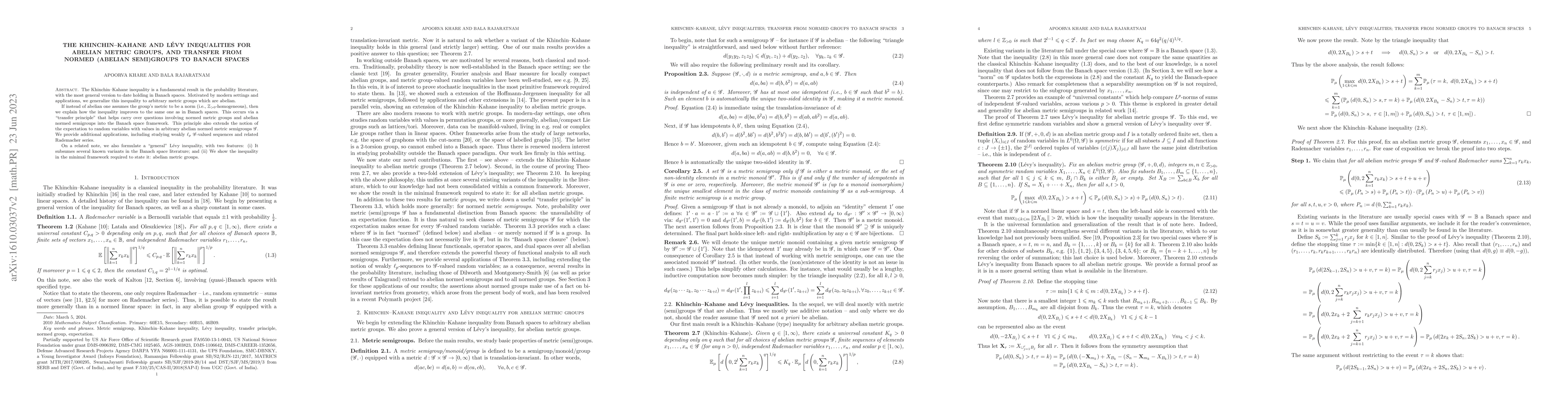Thumbnail for The Khinchin-Kahane and Levy inequalities for abelian metric groups, and
  transfer from normed (abelian semi)groups to Banach spaces