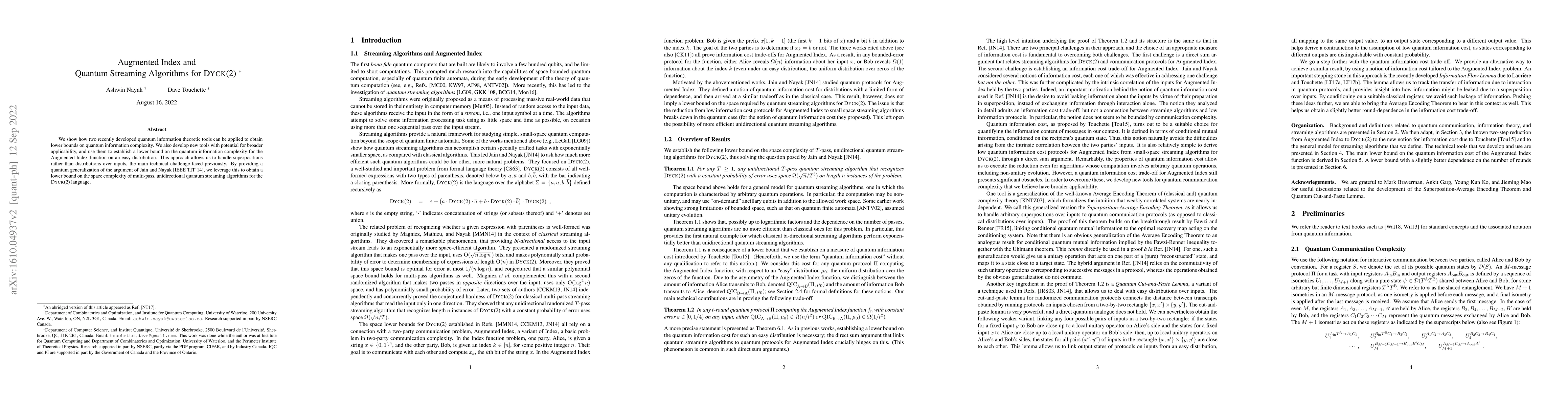 Thumbnail for Augmented Index and Quantum Streaming Algorithms for DYCK(2)