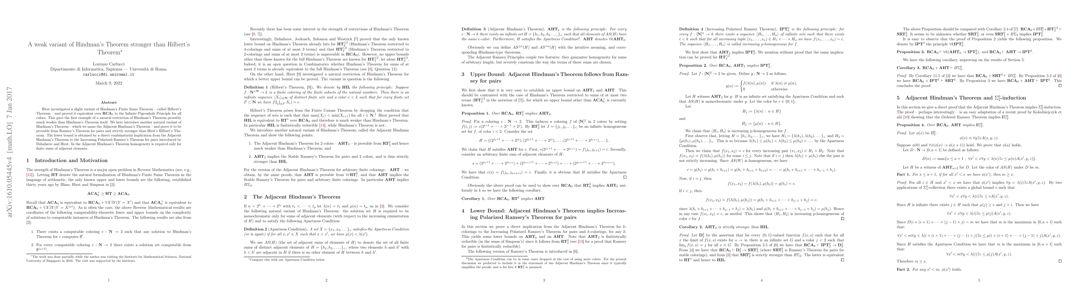 Thumbnail for A weak variant of Hindman's Theorem stronger than Hilbert's Theorem