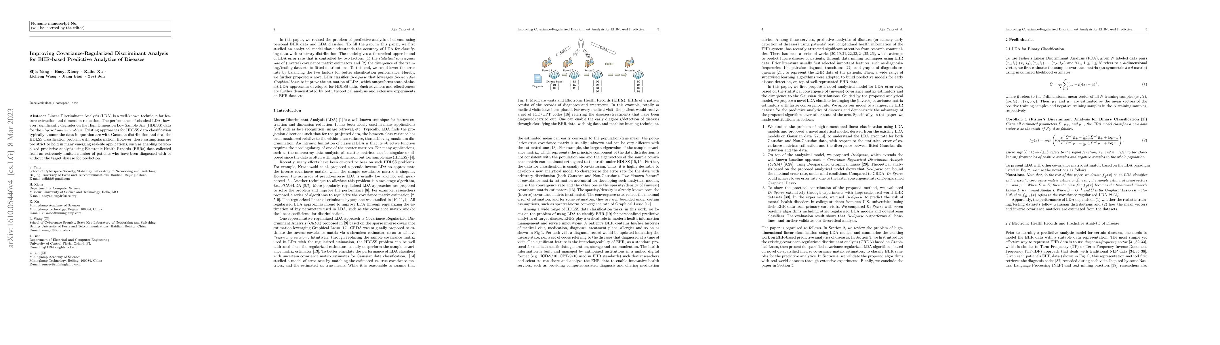 Thumbnail for Improving Covariance-Regularized Discriminant Analysis for EHR-based
  Predictive Analytics of Diseases