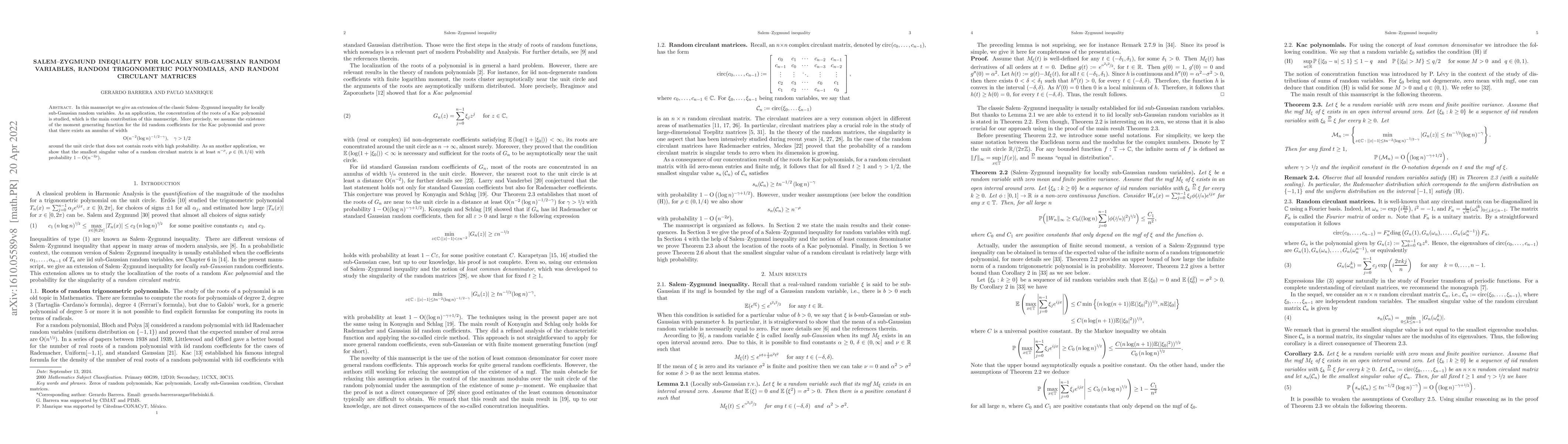 Thumbnail for Salem-Zygmund Inequality for locally sub-Gaussian random variables,
  random trigonometric polynomials, and random circulant matrices