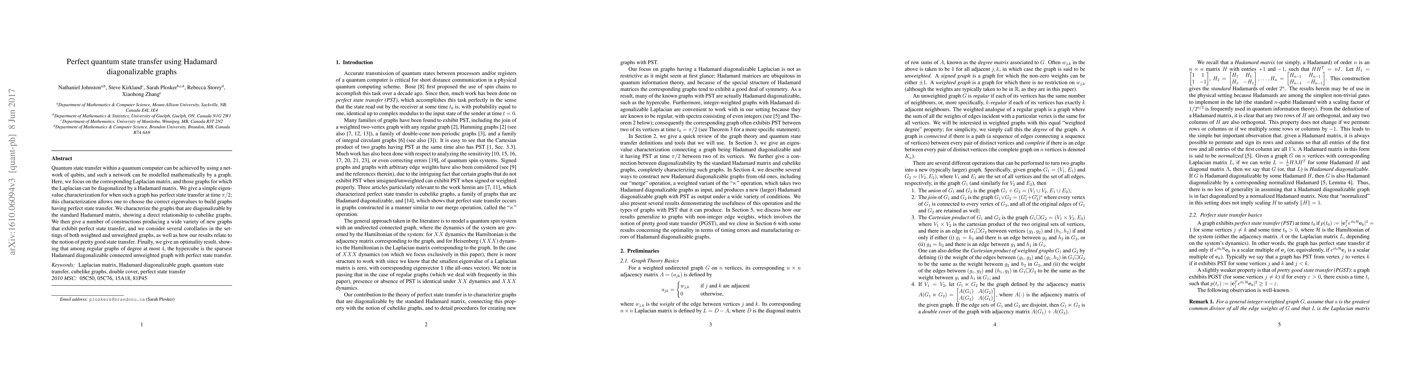Thumbnail for Perfect quantum state transfer using Hadamard diagonalizable graphs