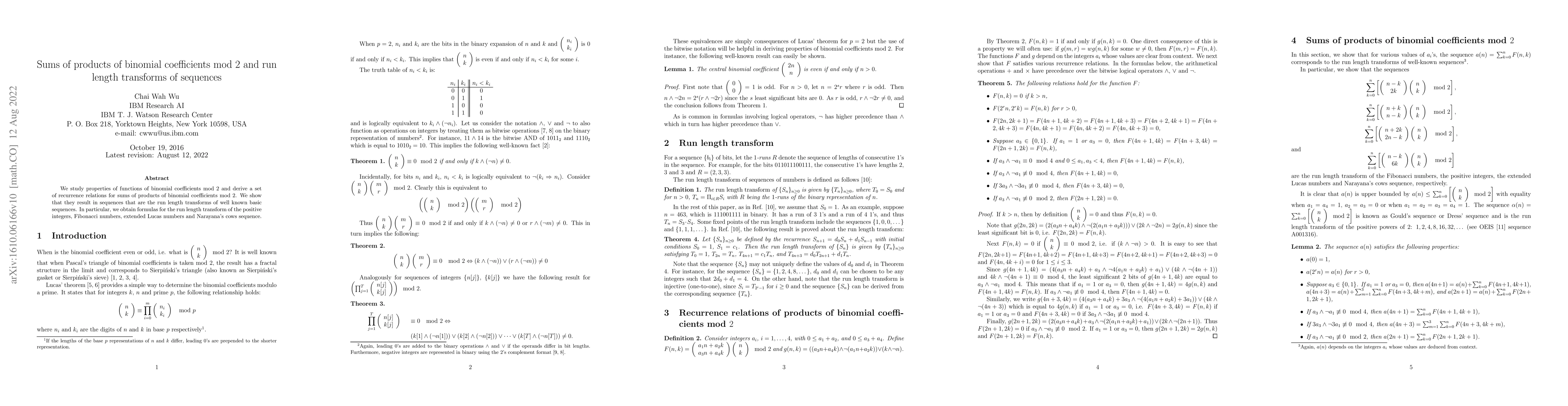 Thumbnail for Sums of products of binomial coefficients mod 2 and run length
  transforms of sequences