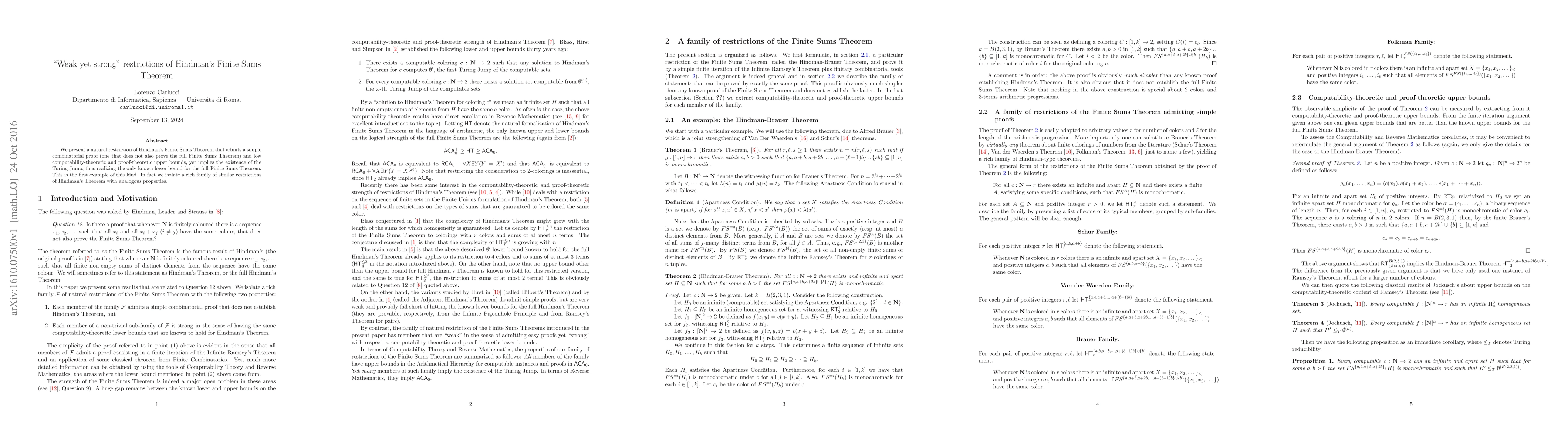 Thumbnail for "Weak yet strong" restrictions of Hindman's Finite Sums Theorem