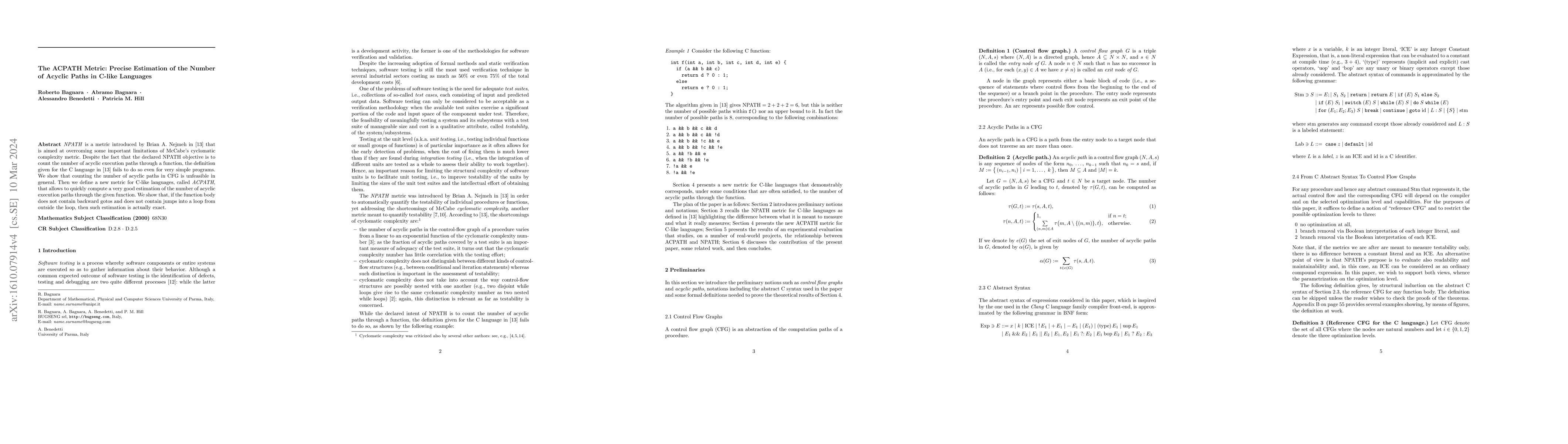 Thumbnail for The ACPATH Metric: Precise Estimation of the Number of Acyclic Paths in
  C-like Languages