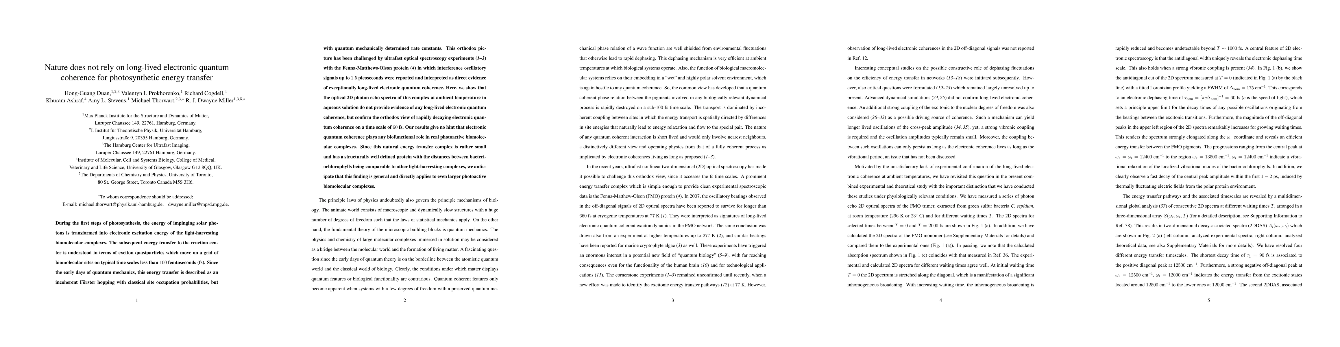 Thumbnail for Nature does not rely on long-lived electronic quantum coherence for
  photosynthetic energy transfer
