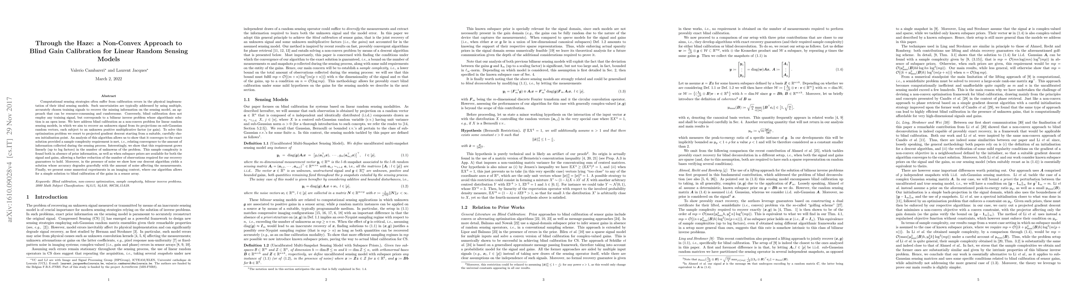 Thumbnail for Through the Haze: a Non-Convex Approach to Blind Gain Calibration for
  Linear Random Sensing Models