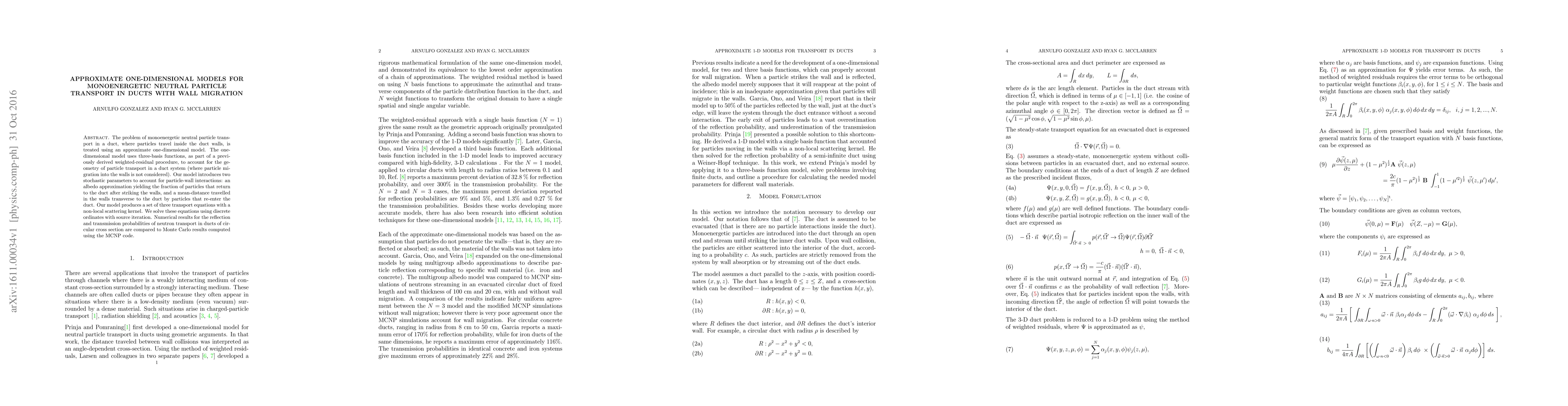 Thumbnail for Approximate One-Dimensional Models for Monoenergetic Neutral Particle
  Transport in Ducts with Wall Migration