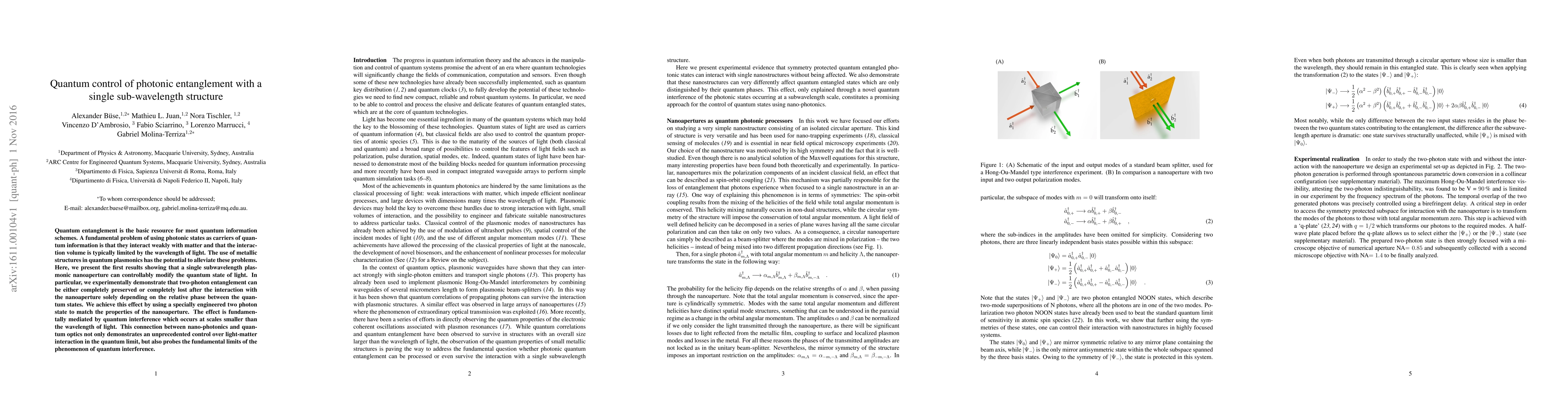 Thumbnail for Quantum control of photonic entanglement with a single sub-wavelength
  structure