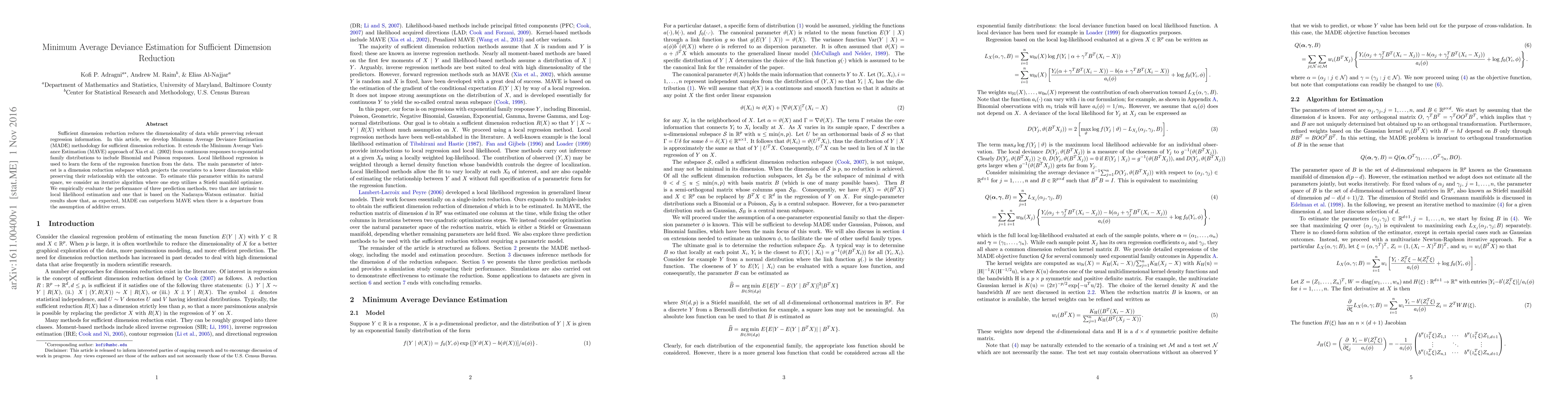 Thumbnail for Minimum Average Deviance Estimation for Sufficient Dimension Reduction