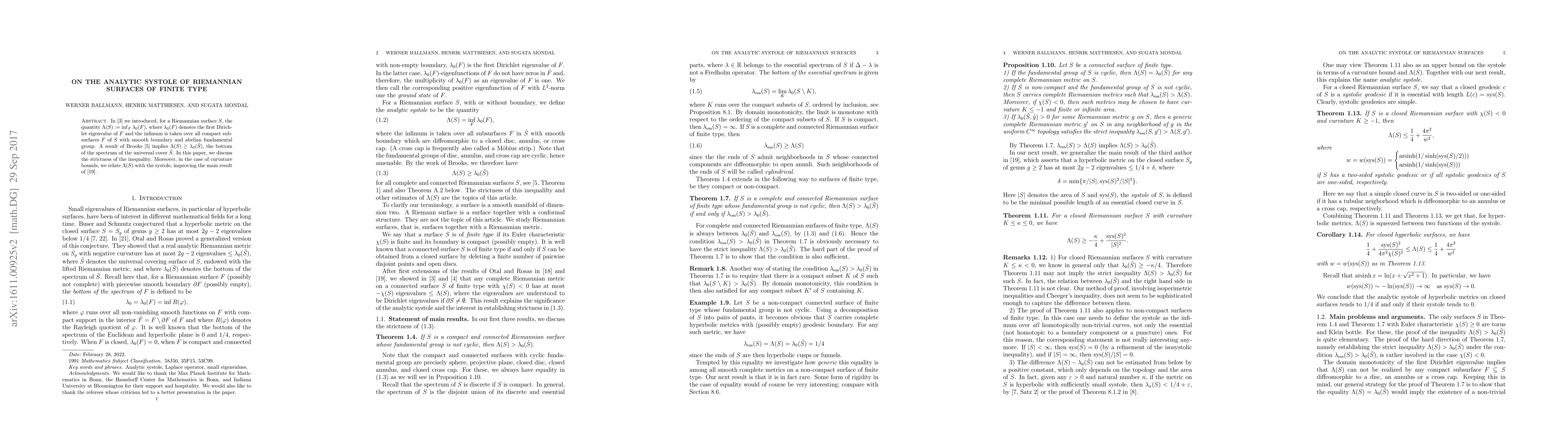 Thumbnail for On the analytic systole of Riemannian surfaces of finite type
